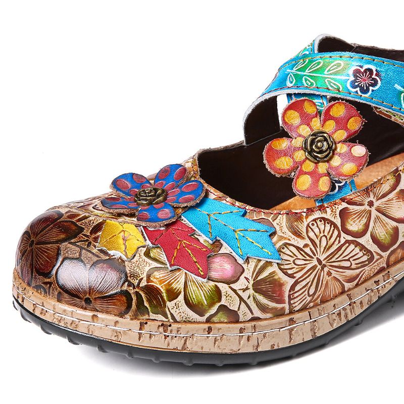 Zapatos Planos Con Lazo De Gancho De Flores De Correa Cruzada De Empalme De Cuero Genuino Floral Retro