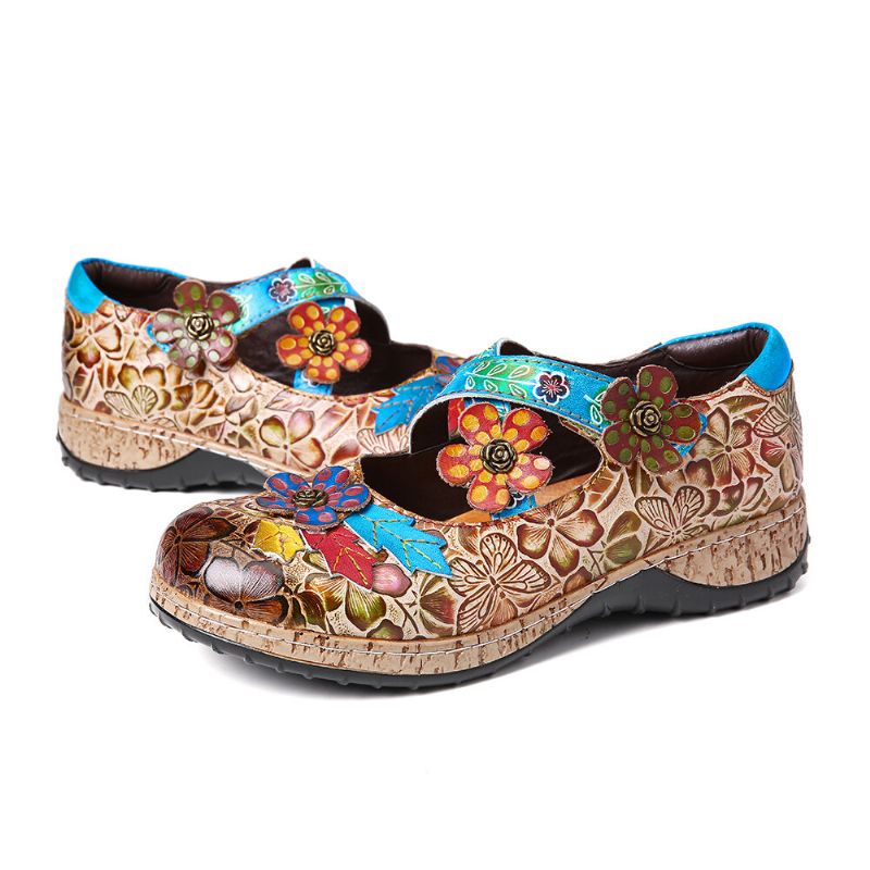 Zapatos Planos Con Lazo De Gancho De Flores De Correa Cruzada De Empalme De Cuero Genuino Floral Retro