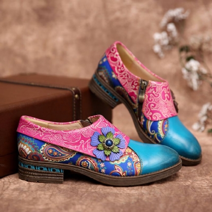 Zapatos Planos De Cuero Genuino Cómodos Con Estampado Floral Con Empalme De Paisley De Cuero Retro