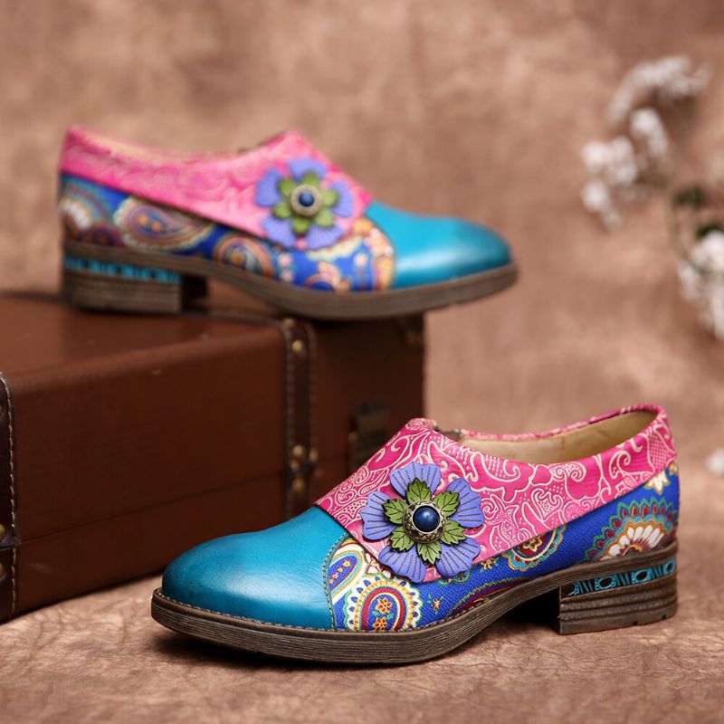 Zapatos Planos De Cuero Genuino Cómodos Con Estampado Floral Con Empalme De Paisley De Cuero Retro