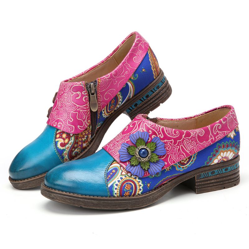 Zapatos Planos De Cuero Genuino Cómodos Con Estampado Floral Con Empalme De Paisley De Cuero Retro