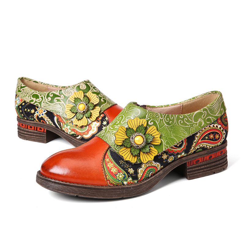 Zapatos Planos De Cuero Genuino Cómodos Con Estampado Floral Con Empalme De Paisley De Cuero Retro