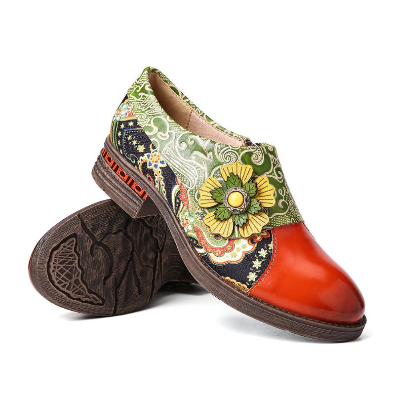 Zapatos Planos De Cuero Genuino Cómodos Con Estampado Floral Con Empalme De Paisley De Cuero Retro