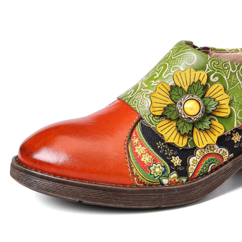 Zapatos Planos De Cuero Genuino Cómodos Con Estampado Floral Con Empalme De Paisley De Cuero Retro