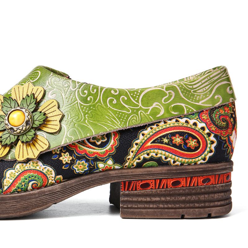 Zapatos Planos De Cuero Genuino Cómodos Con Estampado Floral Con Empalme De Paisley De Cuero Retro