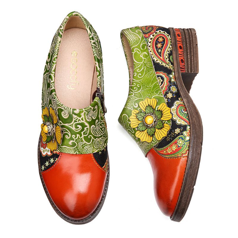 Zapatos Planos De Cuero Genuino Cómodos Con Estampado Floral Con Empalme De Paisley De Cuero Retro