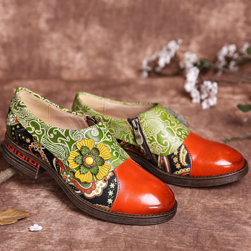 Zapatos Planos De Cuero Genuino Cómodos Con Estampado Floral Con Empalme De Paisley De Cuero Retro