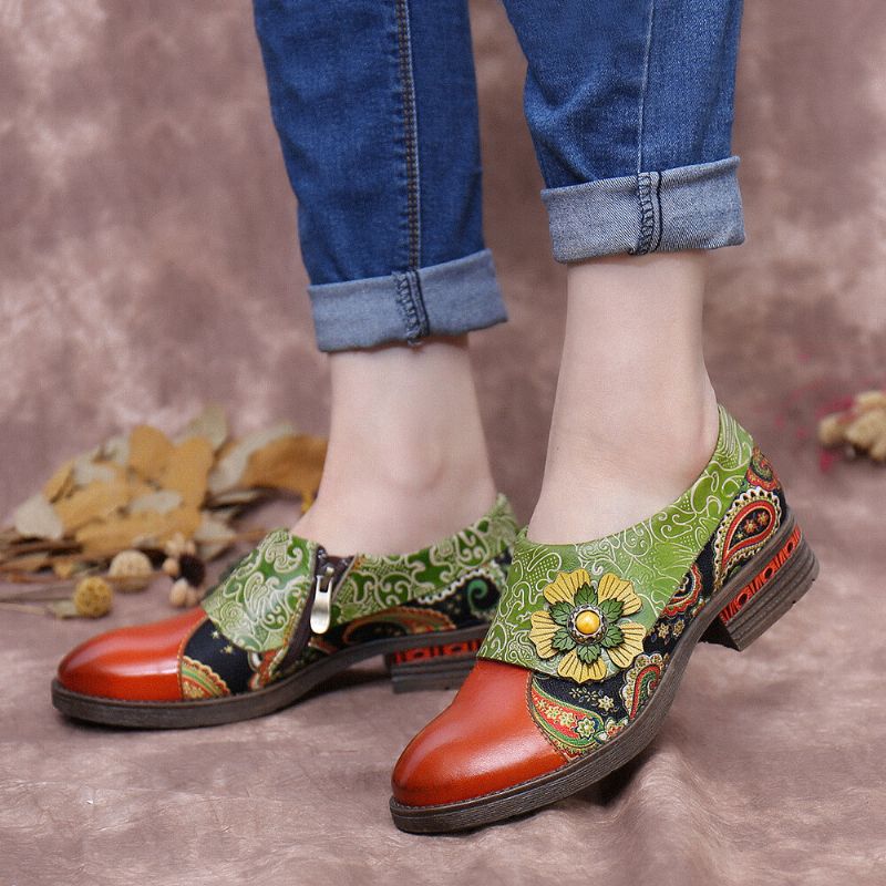 Zapatos Planos De Cuero Genuino Cómodos Con Estampado Floral Con Empalme De Paisley De Cuero Retro