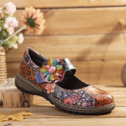 Zapatos Planos De Cuero Genuino Floral Con Empalme De Flores En Relieve Retro