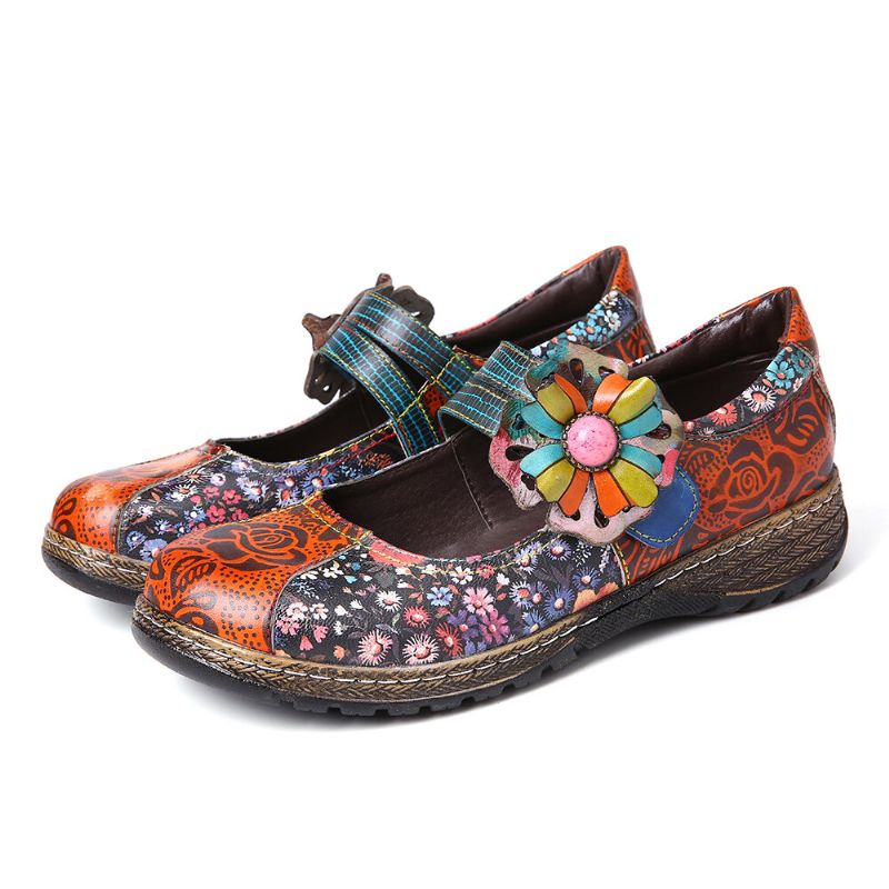 Zapatos Planos De Cuero Genuino Floral Con Empalme De Flores En Relieve Retro