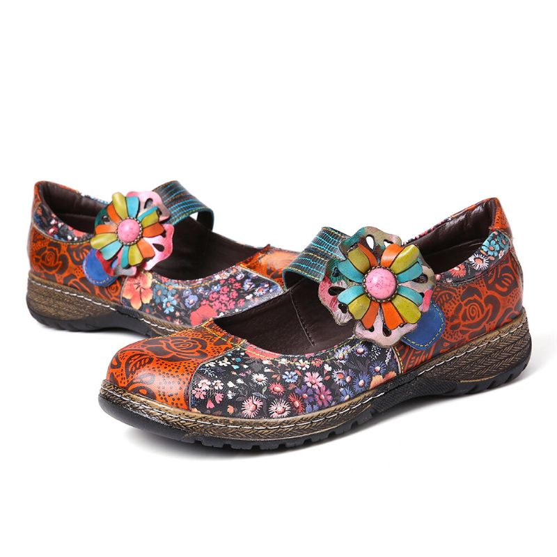 Zapatos Planos De Cuero Genuino Floral Con Empalme De Flores En Relieve Retro