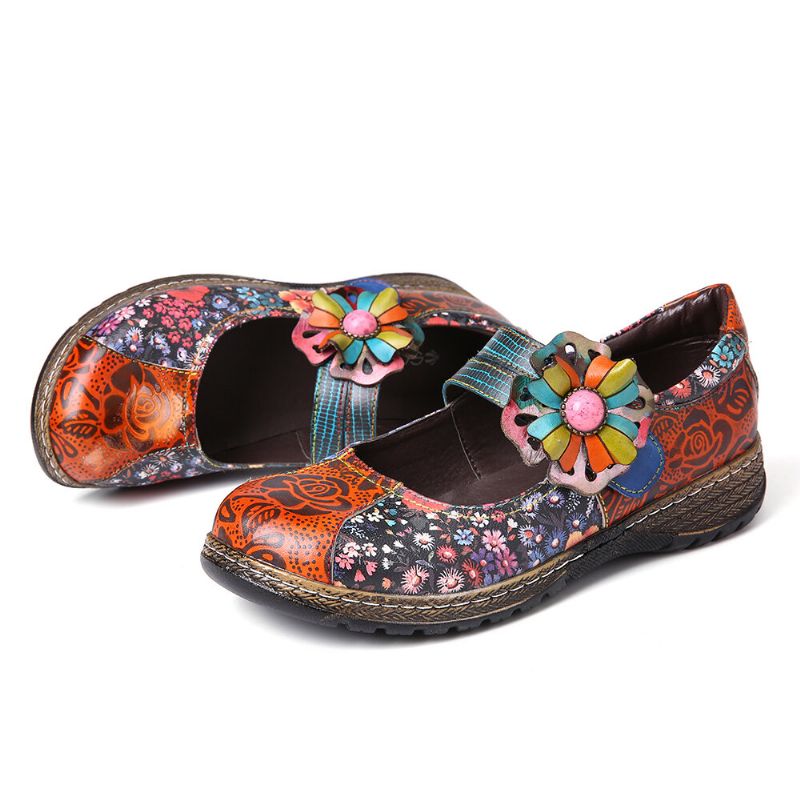 Zapatos Planos De Cuero Genuino Floral Con Empalme De Flores En Relieve Retro