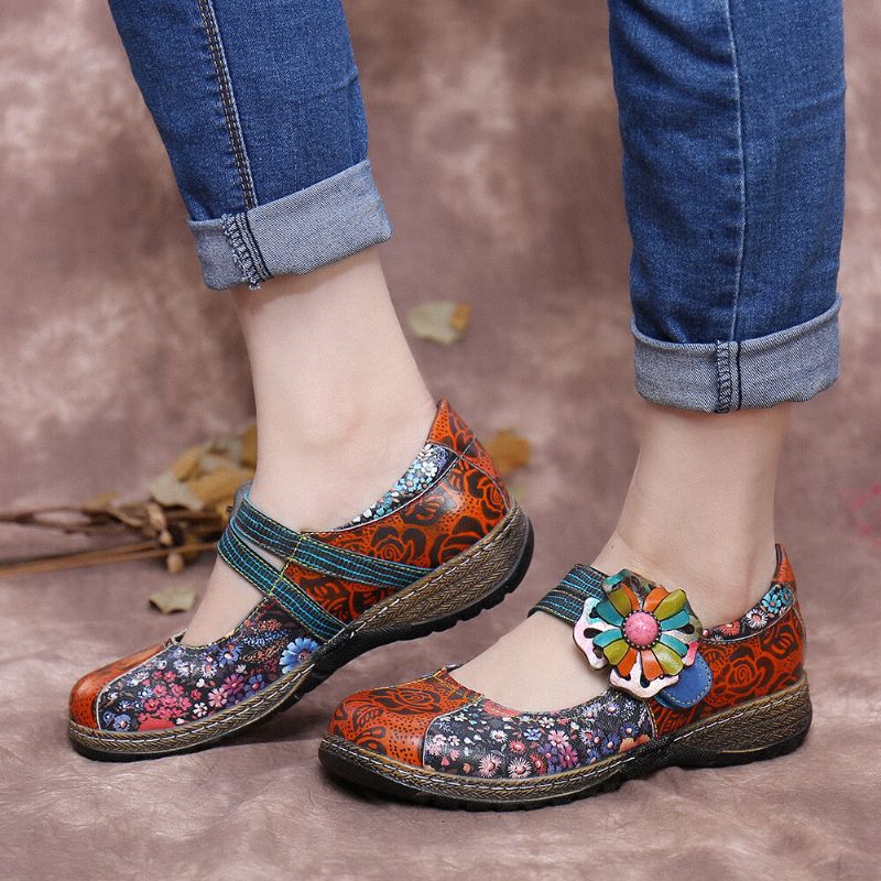 Zapatos Planos De Cuero Genuino Floral Con Empalme De Flores En Relieve Retro