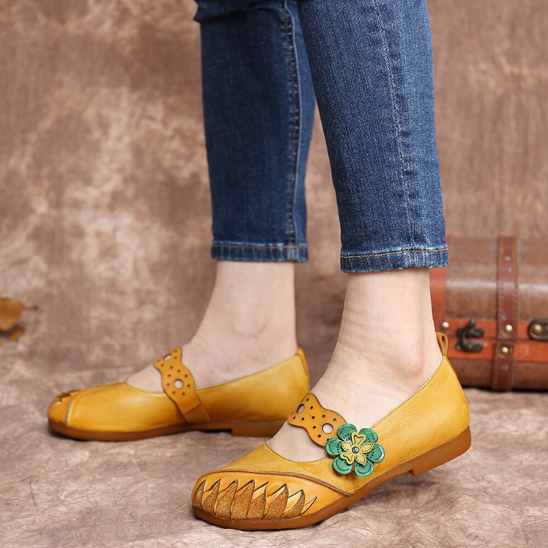Zapatos Planos Hechos A Mano Vintage Con Correa De Bucle De Gancho Floral De Cuero Suave
