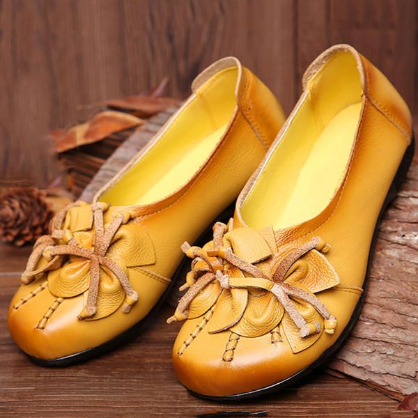 Zapatos Planos Informales Cómodos Con Borla Floral De Cuero Genuino Para Mujer