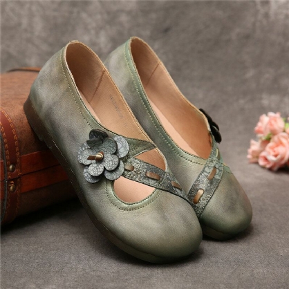 Zapatos Planos Sin Cordones Verdes Con Correa Floral De Cuero Suave Hechos A Mano Vintage