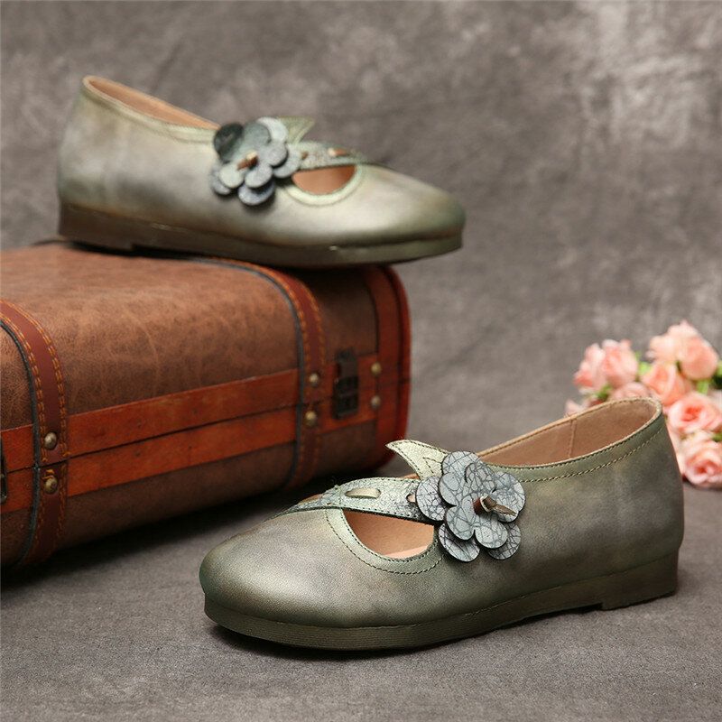 Zapatos Planos Sin Cordones Verdes Con Correa Floral De Cuero Suave Hechos A Mano Vintage