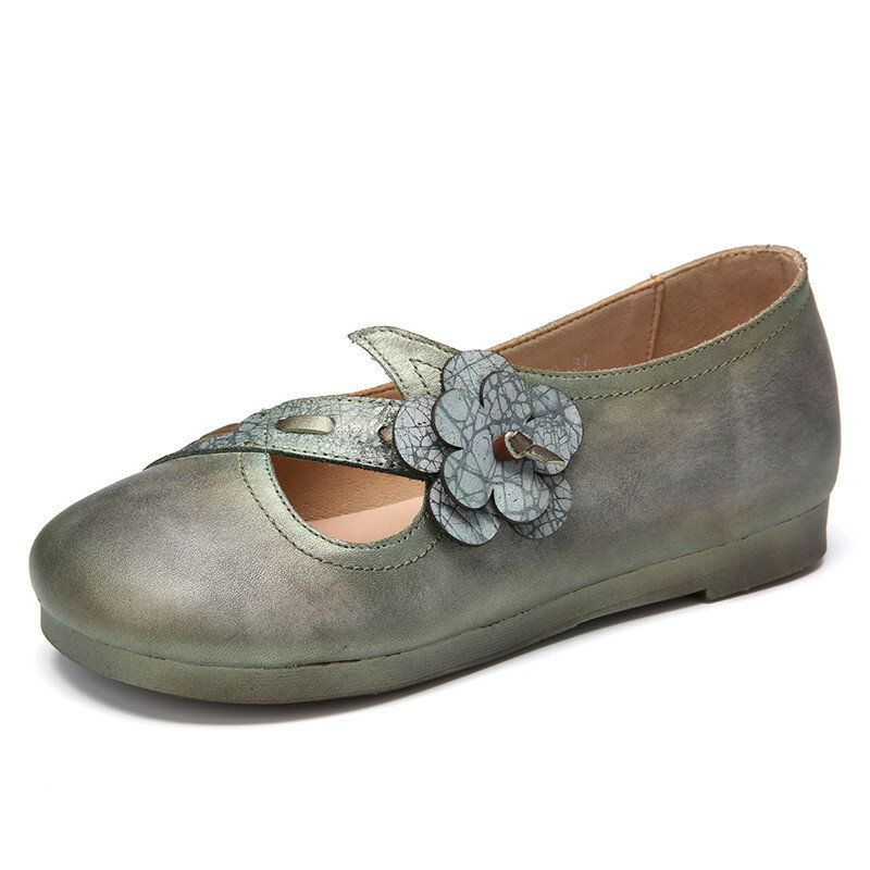 Zapatos Planos Sin Cordones Verdes Con Correa Floral De Cuero Suave Hechos A Mano Vintage