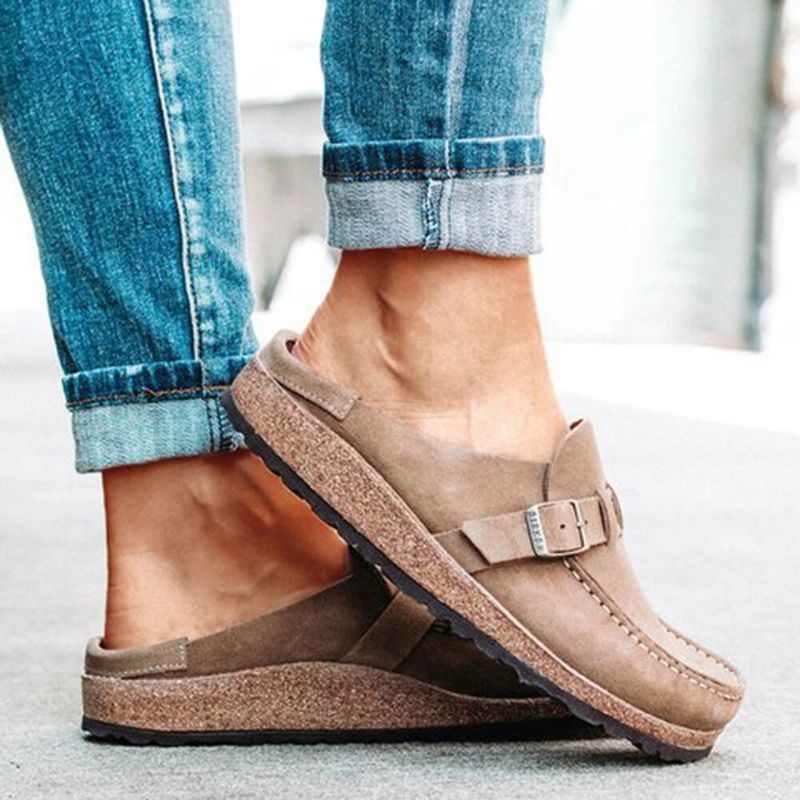 Zapatos Planos Sin Espalda Con Punta Redonda Y Cómoda Informal De Ante Cómodo Para Mujer