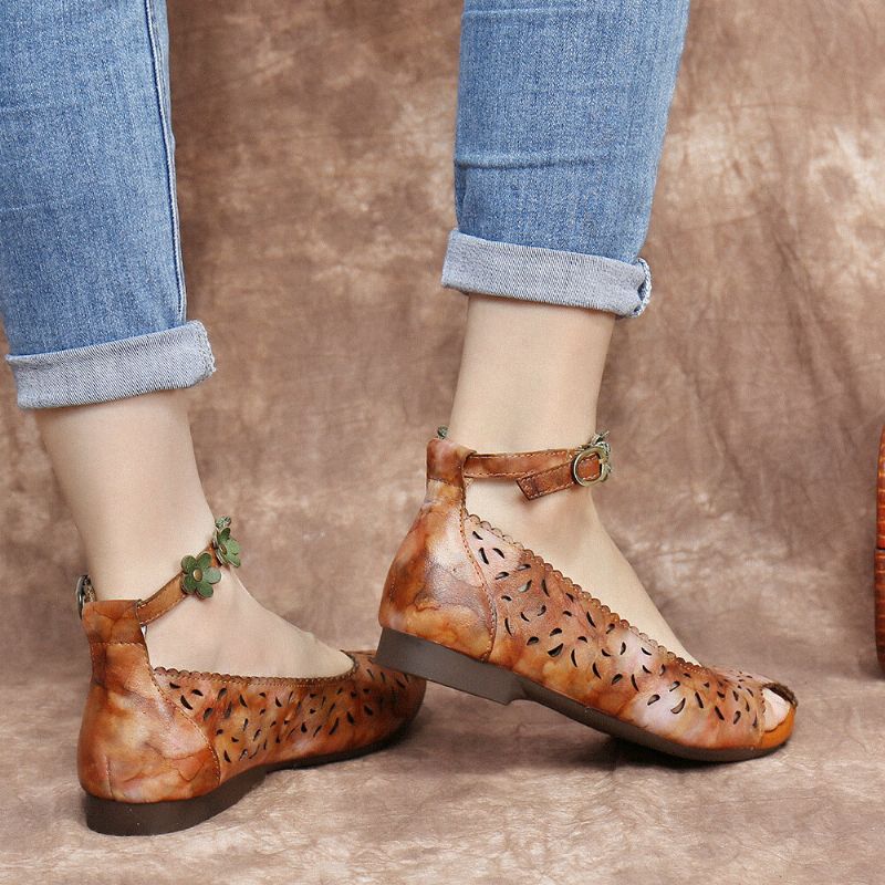 Zapatos Planos Suaves Y Cómodos Con Correa De Hebilla De Flores De Tobillo Teñido Anudado Hueco Retro