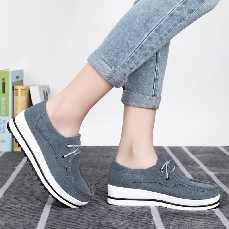 Zapatos De Plataforma Con Cordones Para Mujer Mocasines De Gamuza Casuales Cómodos