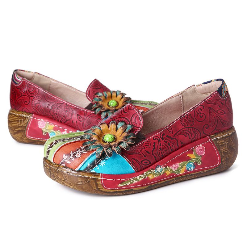 Zapatos De Plataforma Sin Cordones Casuales De Cuero Genuino En Relieve Floral Retro