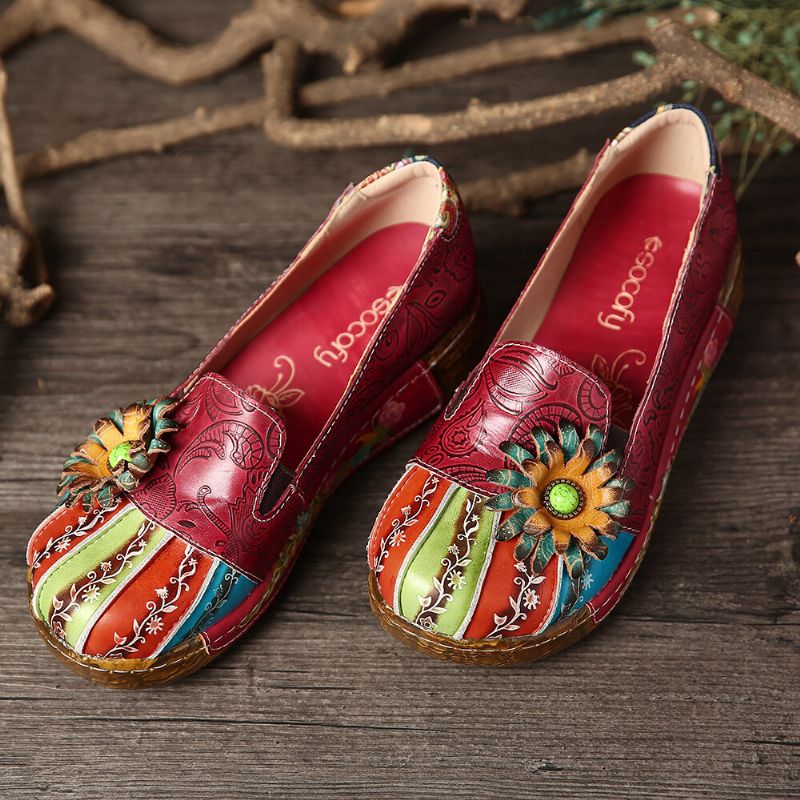 Zapatos De Plataforma Sin Cordones Casuales De Cuero Genuino En Relieve Floral Retro