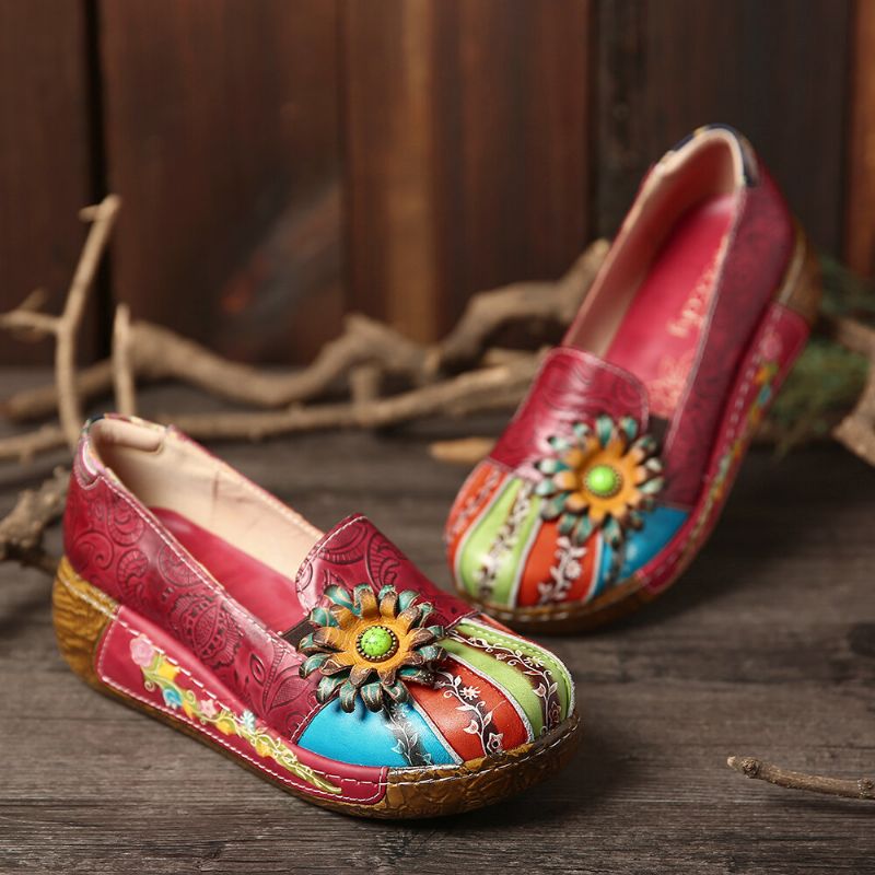 Zapatos De Plataforma Sin Cordones Casuales De Cuero Genuino En Relieve Floral Retro