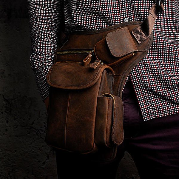 Bolso Bandolera Multibolsillos Vintage De Piel Auténtica Para Hombre