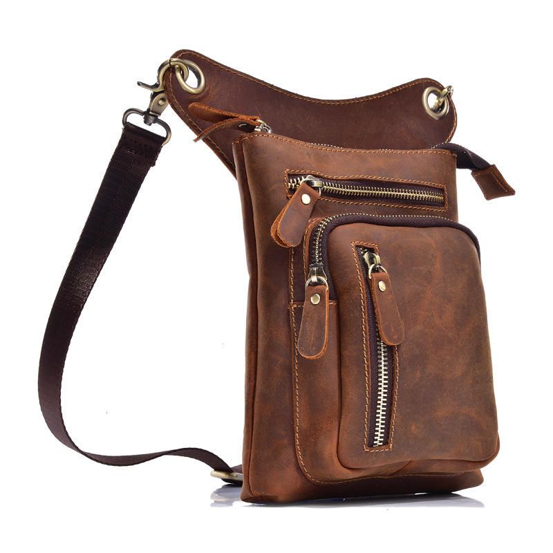 Bolso Bandolera Multifuncional De Cuero Genuino Vintage De 8 Pulgadas Para Teléfono Bolso De Cintura Bolso De Pierna Bolso Cruzado Para Hombres