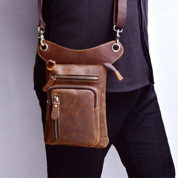 Bolso Bandolera Multifuncional De Cuero Genuino Vintage De 8 Pulgadas Para Teléfono Bolso De Cintura Bolso De Pierna Bolso Cruzado Para Hombres