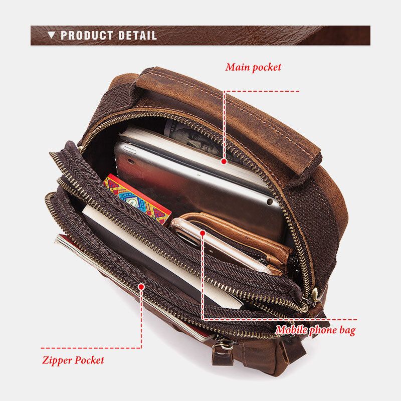 Bolso Bandolera Multifuncional De Gran Capacidad Con Cremallera De Cuero Genuino Para Hombre Bolso Bandolera