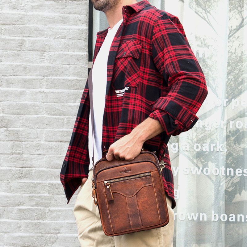 Bolso Bandolera Multifuncional De Gran Capacidad Con Cremallera De Cuero Genuino Para Hombre Bolso Bandolera