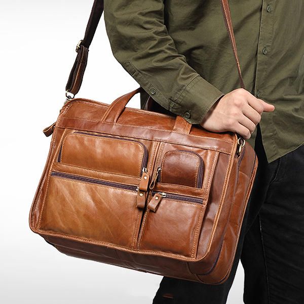 Bolso Bandolera De Negocios De Gran Capacidad De Cuero Genuino Vintage Para Hombre