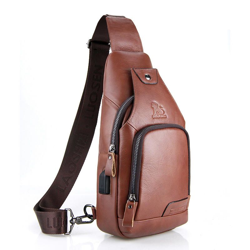 Bolso Bandolera Para Hombre Bolso De Pecho Con Carga Usb De Piel De Vaca Informal