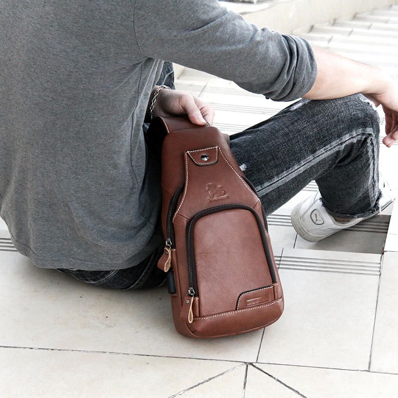 Bolso Bandolera Para Hombre Bolso De Pecho Con Carga Usb De Piel De Vaca Informal