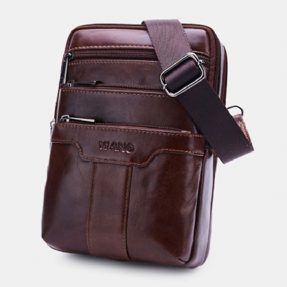 Bolso Bandolera Vintage Multibolsillos De Cuero Genuino Para Hombre Con Correa Ajustable