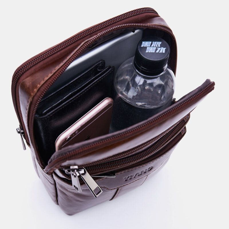 Bolso Bandolera Vintage Multibolsillos De Cuero Genuino Para Hombre Con Correa Ajustable