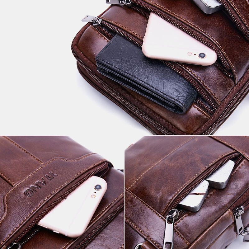 Bolso Bandolera Vintage Multibolsillos De Cuero Genuino Para Hombre Con Correa Ajustable