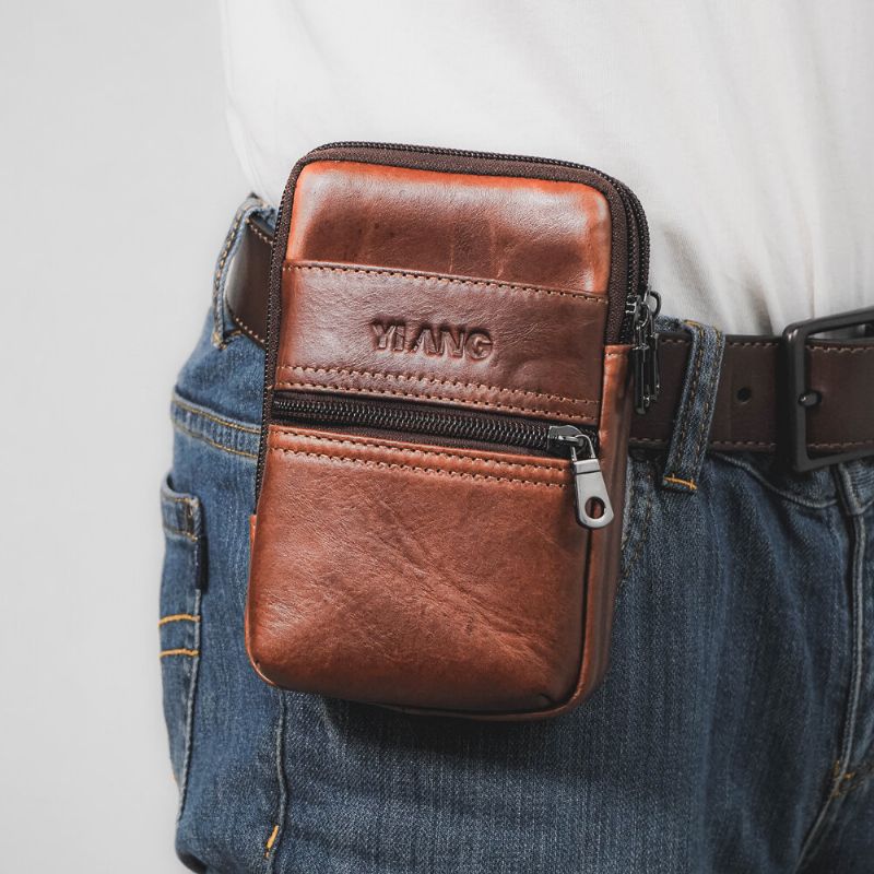 Bolso De Cintura Casual Multibolsillos De Cuero Genuino Para Hombres Bolso De Teléfono De 6.3 Pulgadas Bolso Edc