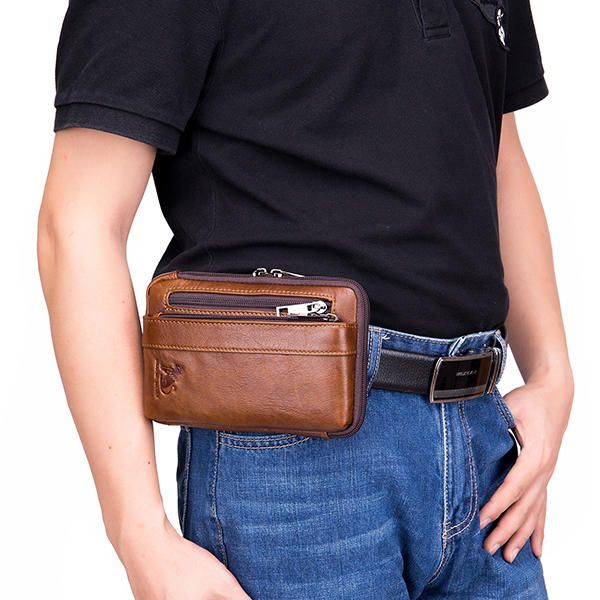 Bolso De Hombro De Cintura Sólida De Cuero Genuino Para Hombre Bolso Cruzado Para Teléfono