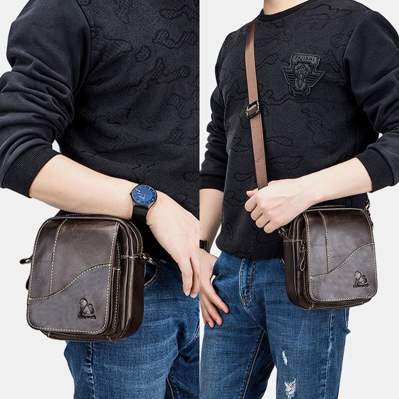 Bolso De Hombro Convertible De Piel De Vaca Pequeña De Negocios Retro De Cuero Genuino Para Hombre Bolso Bandolera Bolso De Cintura