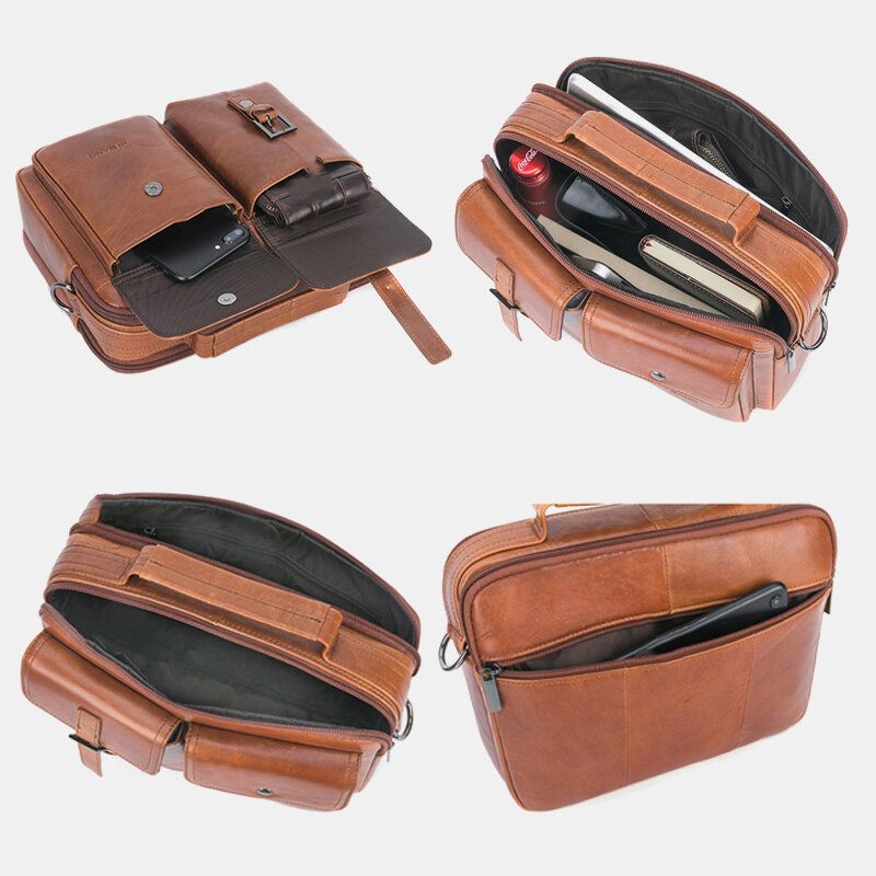 Bolso De Hombro De Gran Capacidad Retro Multifunción De Cuero Genuino Para Hombre Bolso Bandolera Cruzada