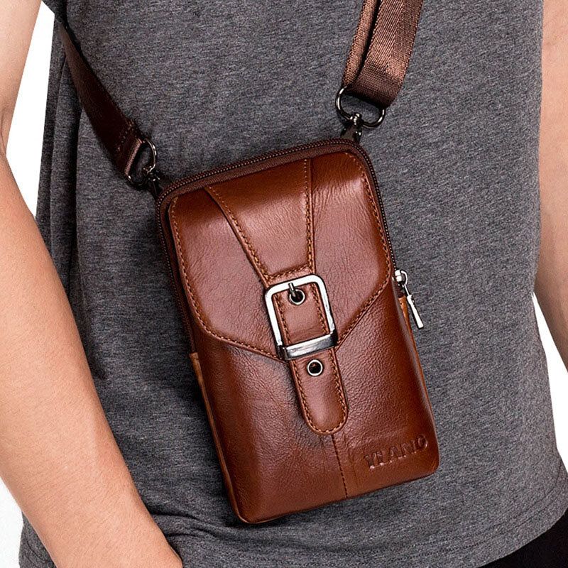 Bolso De Hombro Vintage De Cuero Genuino Para Hombre Bolso De Cintura Bolso De Teléfono Para Negocios