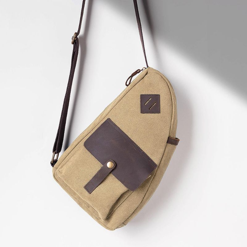 Bolso De Pecho De Cuero Genuino De Retazos De Lona Para Hombre