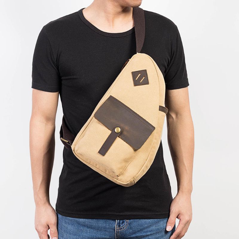 Bolso De Pecho De Cuero Genuino De Retazos De Lona Para Hombre