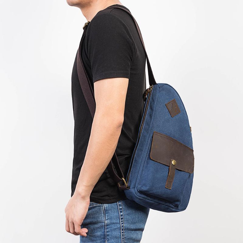 Bolso De Pecho De Cuero Genuino De Retazos De Lona Para Hombre