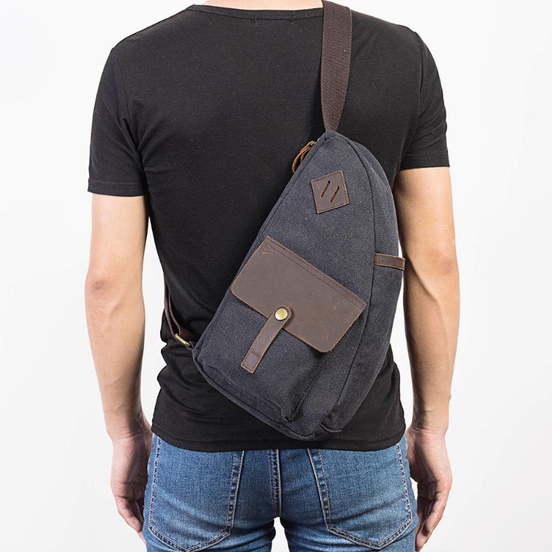 Bolso De Pecho De Cuero Genuino De Retazos De Lona Para Hombre