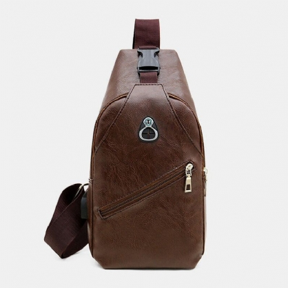 Bolso De Pecho De Negocios Retro De Cuero Pu Para Hombres Con Carga Usb Bolso De Hombro De Cuero Para Jóvenes Bolso Cruzado