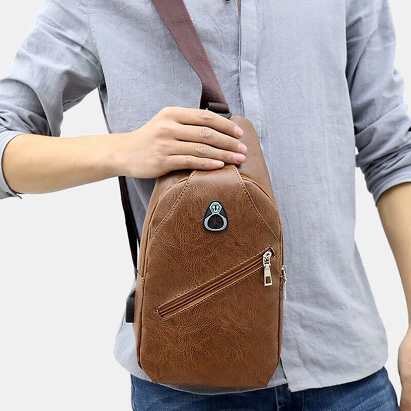 Bolso De Pecho De Negocios Retro De Cuero Pu Para Hombres Con Carga Usb Bolso De Hombro De Cuero Para Jóvenes Bolso Cruzado